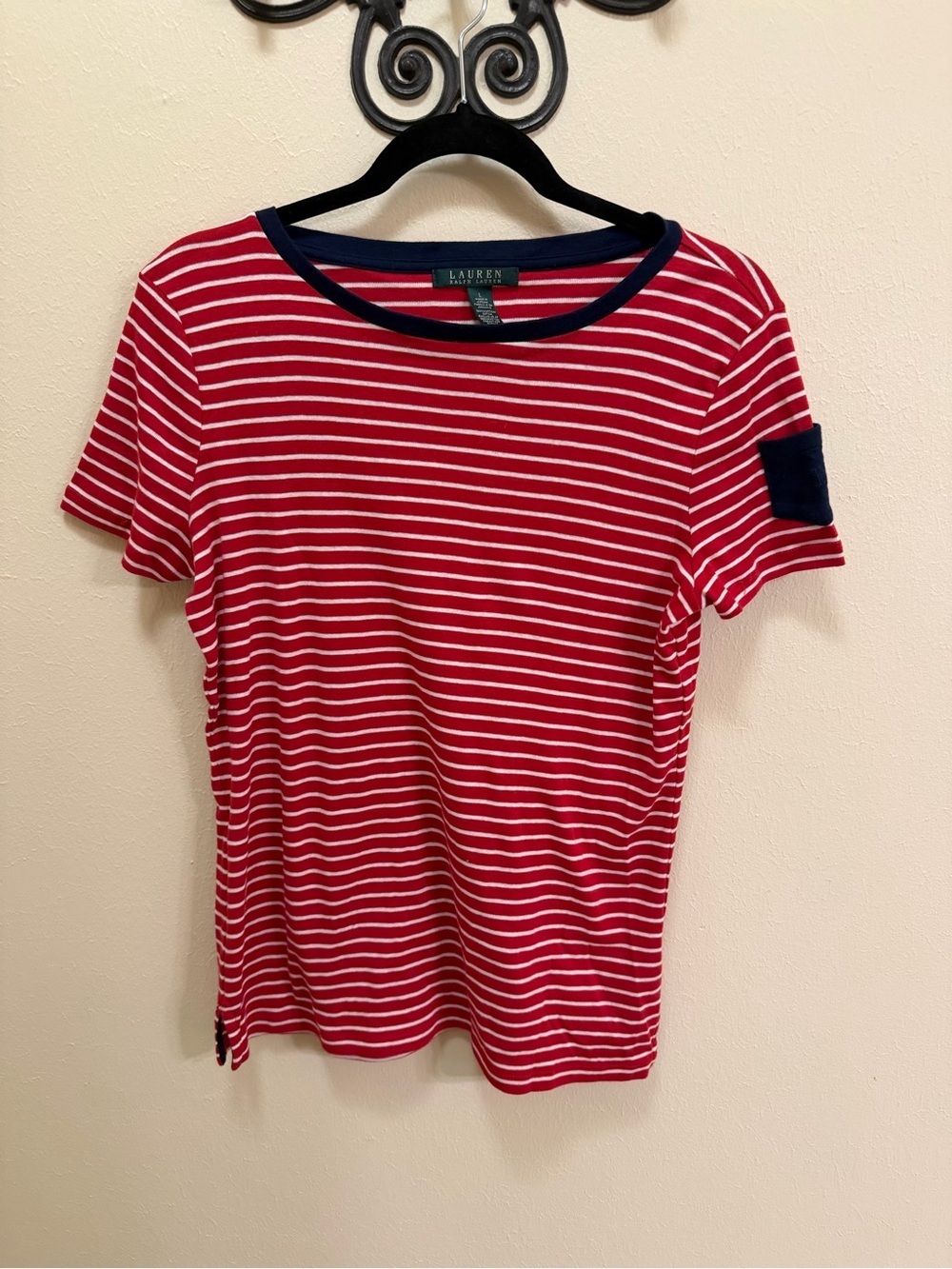 Lauren Ralph Lauren Red & White Striped Tee with Navy Trim